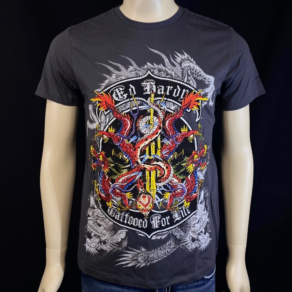 Ed Hardy men charcoal gray shirt short sleeve snake and shoots rhinestone
